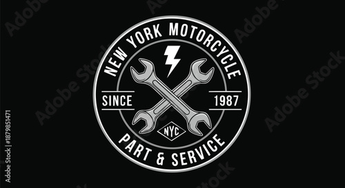 New York Motorcycle Repair Shop Emblem - Vintage Style Wrench and Lightning Bolt Logo.