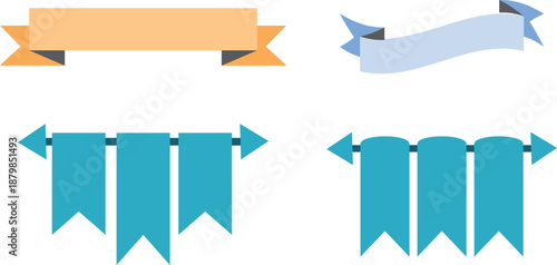 Flat Ribbon Banner and Hanging Pennant Flags Vector Set
