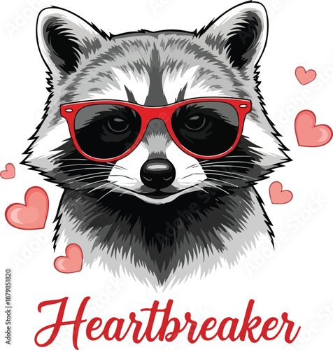 Cool Raccoon Heartbreaker Illustration with Red Sunglasses and Pink Hearts, Funny Valentine Design , Generative Ai