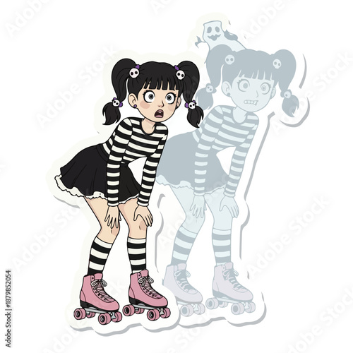 A cartoon illustration of a girl in a black and white striped shirt and pink roller skates with a surprised expression standing next to a ghostly duplicate on a white background.