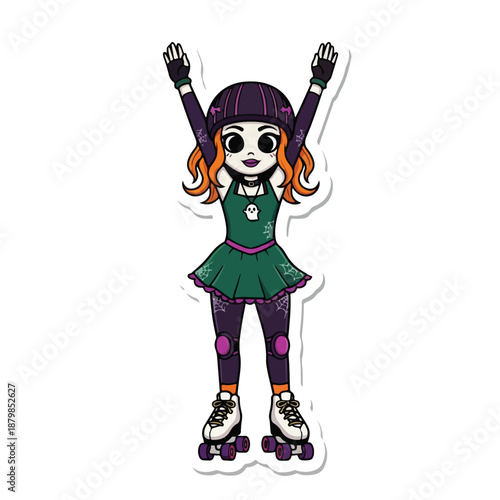 A cartoon girl wearing a green outfit and purple roller skates with her arms raised in excitement against a clean white background.