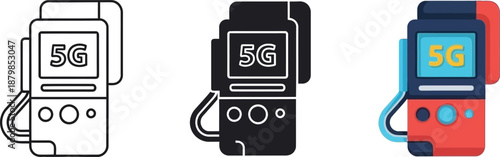 Illustration of set of colorful 5g game console icons in different colors on white background