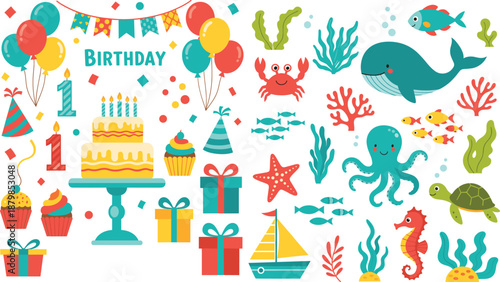 Cute Underwater Birthday Party Vector Set with Whale Fish Octopus Cake Balloons Gifts and Sea Elements for Kids
