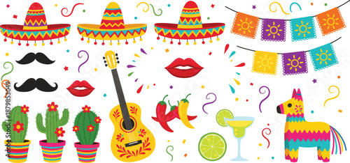 Mexican Fiesta Party Vector Set with Sombreros Guitar Chili Peppers Margarita Cactus and Pinata for Celebration Designs
