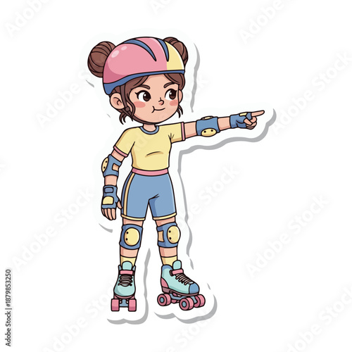 A cartoon illustration of a young girl wearing roller skates and protective gear pointing to the side with a white background.