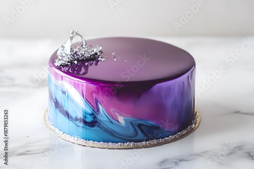 mirror glaze cake, modern dessert with minimalist cake design and glossy surface featuring galaxy color glaze for elegant contemporary pastry presentation