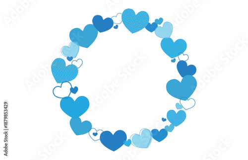 水色の色々なハートの丸型フレーム白背景ベクターイラスト素材