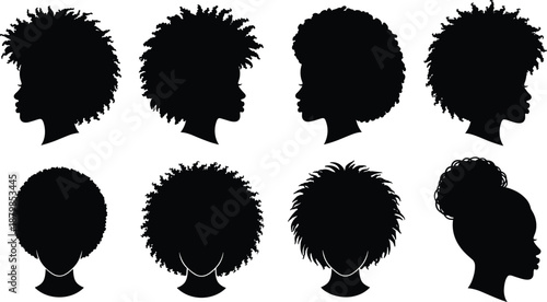 Set of African American Woman Silhouettes with Natural Afro Hairstyles, Black Female Profiles with Curly Hair Variations for Beauty Wellness
