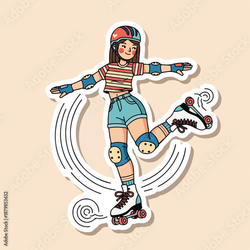 A cartoon illustration of a young girl rollerblading with protective gear on a plain background with motion lines.