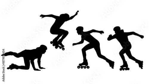 Dynamic silhouettes of people inline skating in various active poses