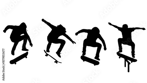 Dynamic skateboarder silhouettes showcasing agility and thrilling tricks on a clean white background
