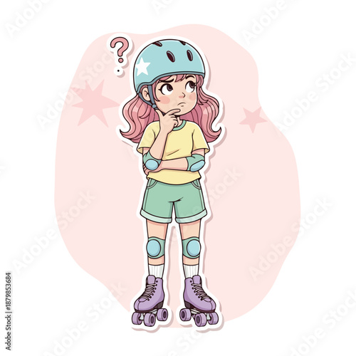 A cartoon girl wearing a helmet and roller skates stands thoughtfully with her hand on her chin against a pink background with stars.