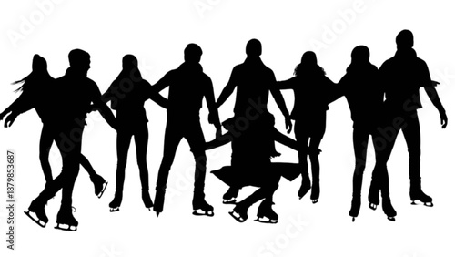 Silhouettes of people gracefully ice skating together, enjoying a winter activity