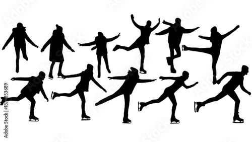 A dynamic collection of diverse individuals gracefully gliding and posing on ice skates