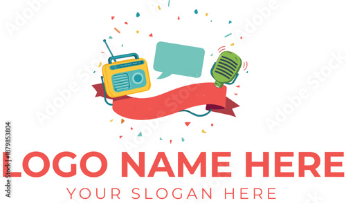 Festive media logo vector with red ribbon, confetti, retro radio, speech bubble, and vintage microphone icons