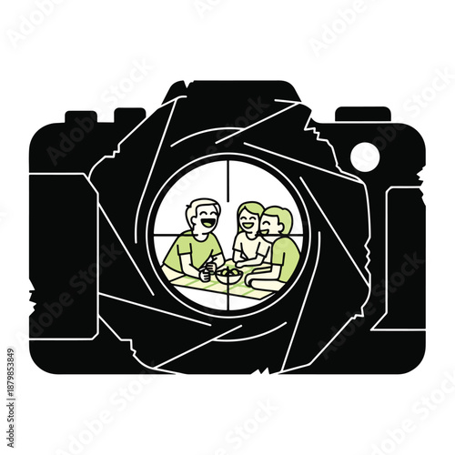 Capturing Joyful Moments: An illustration of happy friends laughing and sharing a meal, seen through a camera lens aperture, symbolizing candid photography and cherished memories.
