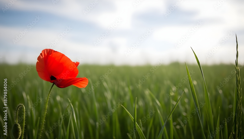 Obraz premium A beautiful red poppy blossom blooms in a vibrant summer meadow under a blue sky, capturing the rural nature of wild flowers in a stunning spring landscape