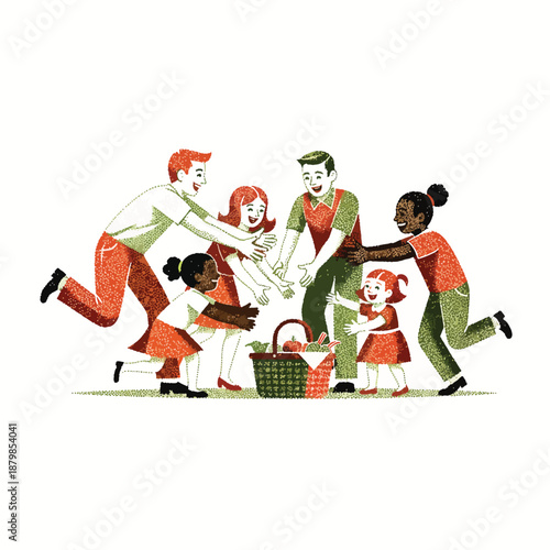 Happy diverse family with two fathers, two daughters, and two adopted children having a picnic