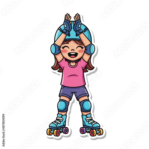 A cartoon girl wearing roller skates and protective gear holds her helmet above her head with a joyful expression on a white background.