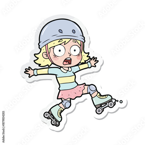 Cartoon illustration of a shocked young girl wearing a helmet and rollerblades with outstretched arms on a white background.