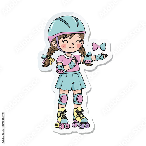 A cartoon illustration of a smiling young girl wearing a helmet and roller skates with protective gear on a white background.
