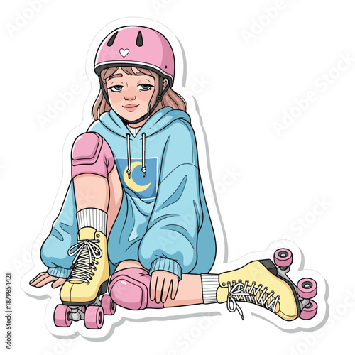 A young girl wearing a pink helmet, blue hoodie, and roller skates sits on a white background with a thoughtful expression.
