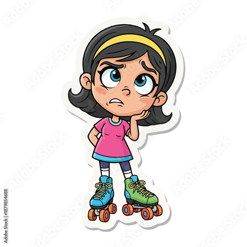 Cartoon illustration of a concerned young girl wearing roller skates and a yellow headband with a thoughtful expression on a white background.