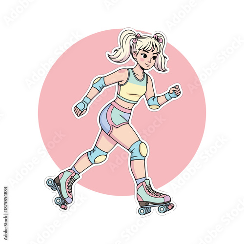 Illustration of a young woman rollerblading with protective gear in front of a pink circle on a white background with a playful mood.