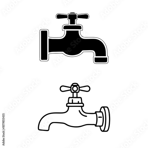 Set of two black and white clipart of a water tap or faucet