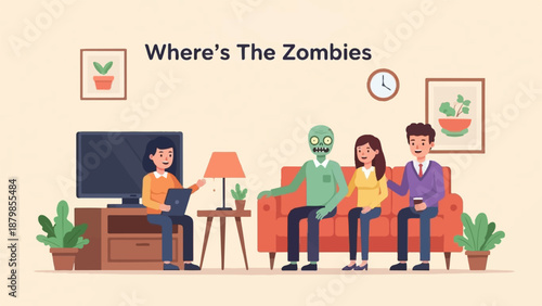 A green zombie sits with two people on a couch; another person uses a laptop