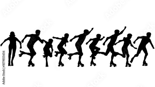A diverse group of roller skaters captured in dynamic motion on a white background