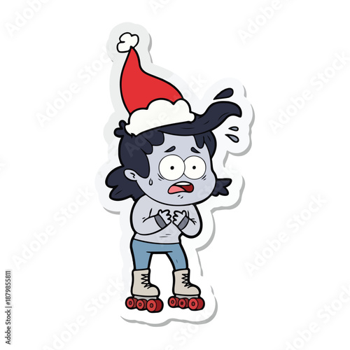 A cartoon illustration of a sweaty, worried girl wearing a Santa hat and roller skates with a shocked expression on a white background.