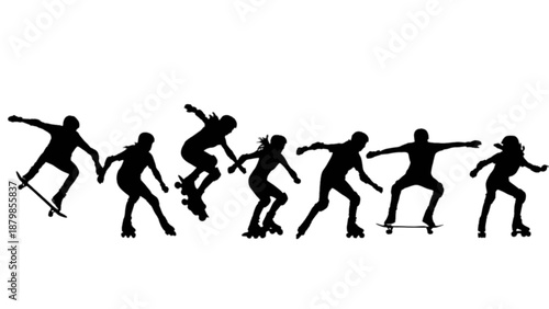 Energetic portrayal of skateboarders and inline skaters in various active poses
