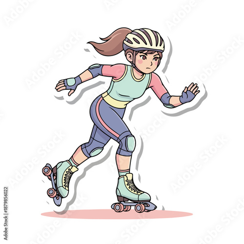 A cartoon illustration of a young girl wearing protective gear while rollerblading with a white background and a drop shadow effect.