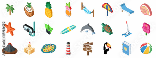 Isometric Summer Vacation and Tropical Travel Icons Set: Featuring Beach Elements, Marine Life, Fruit, and Holiday Leisure Symbols.