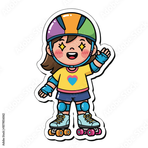A cheerful cartoon girl wearing roller skates, protective gear, and a colorful helmet with a heart design on her shirt, against a clean white background.