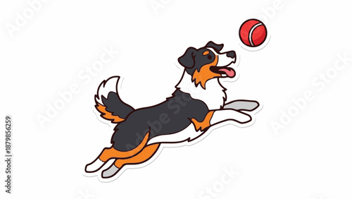 A cartoon dog with black, white, and tan markings leaps for a red ball