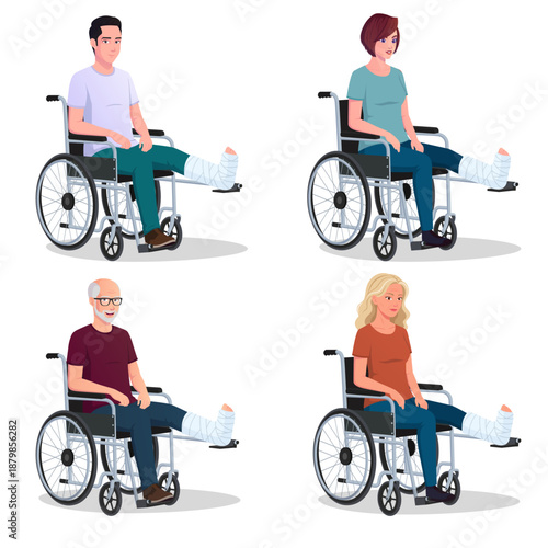 Handicapped Young and Elderly Person sitting on a wheelchair with a cast on their Foot, Young And Elderly People Collection with Leg Fracture And Plaster bandage Vector Illustration