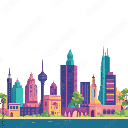 A heart shaped city skyline silhouette featuring famous urban landmarks and architecture icons from around the world