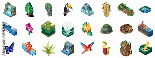 Isometric Jungle and Rainforest Elements Set: Tropical Nature Icons including Animals, Waterfalls, Plants, and Adventure Gear for Game Design.