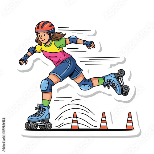 A young girl in protective gear rollerblading over cones on a white background with motion lines conveying speed and movement.