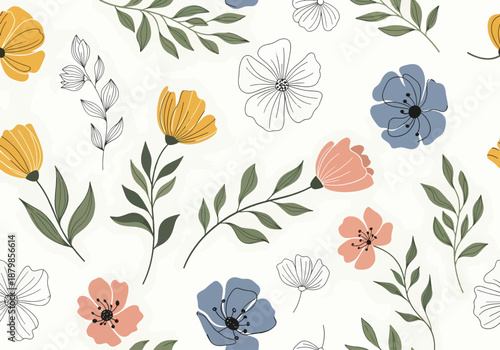 Subtle Pastel Florals Arranged in Clean Seamless Pattern
