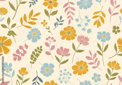 Subtle Pastel Florals Arranged in Clean Seamless Pattern