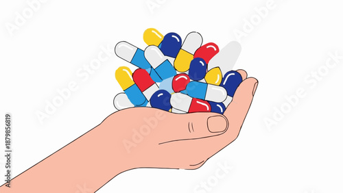 A hand holds a pile of colorful medication capsules against a white background
