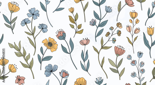 Spring flowers. Seamless floral border. Colorful poppies, iris, tulips, carnations, primroses, daffodils on a mint background. Garden bed. Vintage vector illustration.
