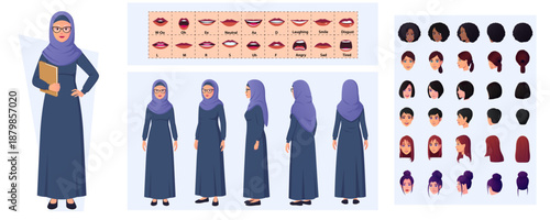 Senior Arabic Woman Character Creation Set, Muslim Woman Wearing Shayla and Hijab, Front, Side and Back view Multiple Races and Ethnicities, lip-Syncing, Expressions and Movable joints For Animation