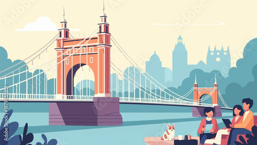 A family and dog enjoy a bridge view, with city skyline