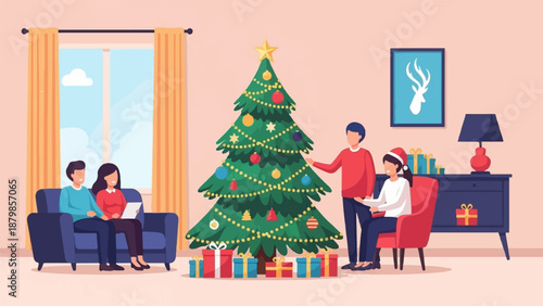 A family celebrates Christmas in a decorated living room with a tree and gifts