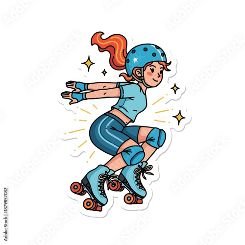 A cartoon illustration of a girl rollerblading with a blue helmet and protective gear, surrounded by sparkles on a white background.