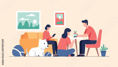 A family enjoys a relaxed indoor day with their pet dog